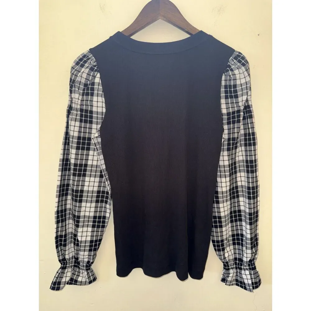 LOFT Black Ribbed Knit Mixed Media Plaid Puff Sleeve Top Size S